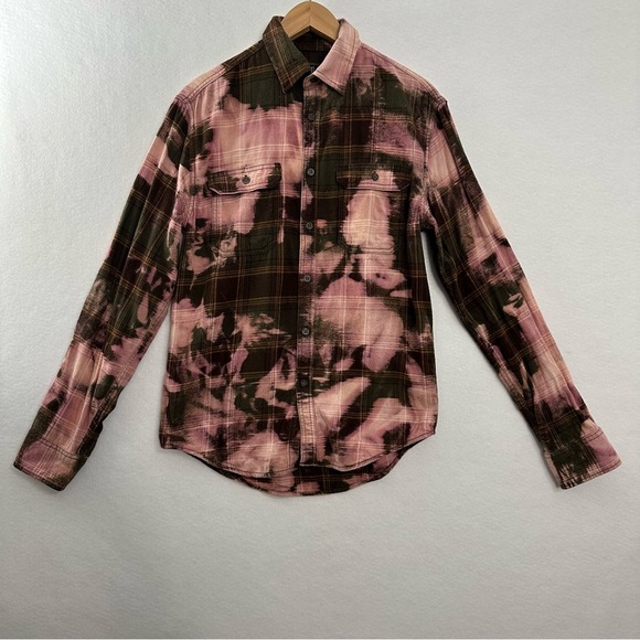 George Pink Brown Plaid Tie Dye Men's Shirt Small Bleached Distressed - Picture 1 of 11